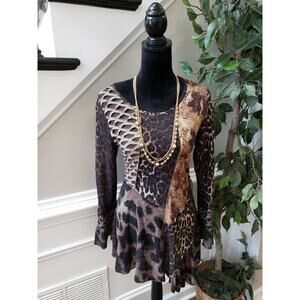 Fleur De Lis Tunic Top Women Medium Multicolor Long Sleeves Round Neck Pullover